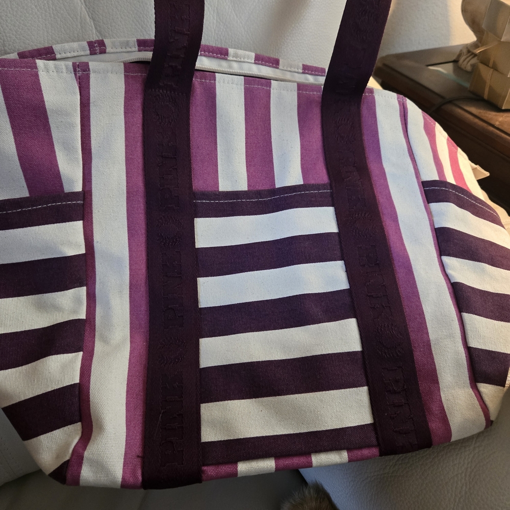 PINK Burgundy and White Striped Tote Bag